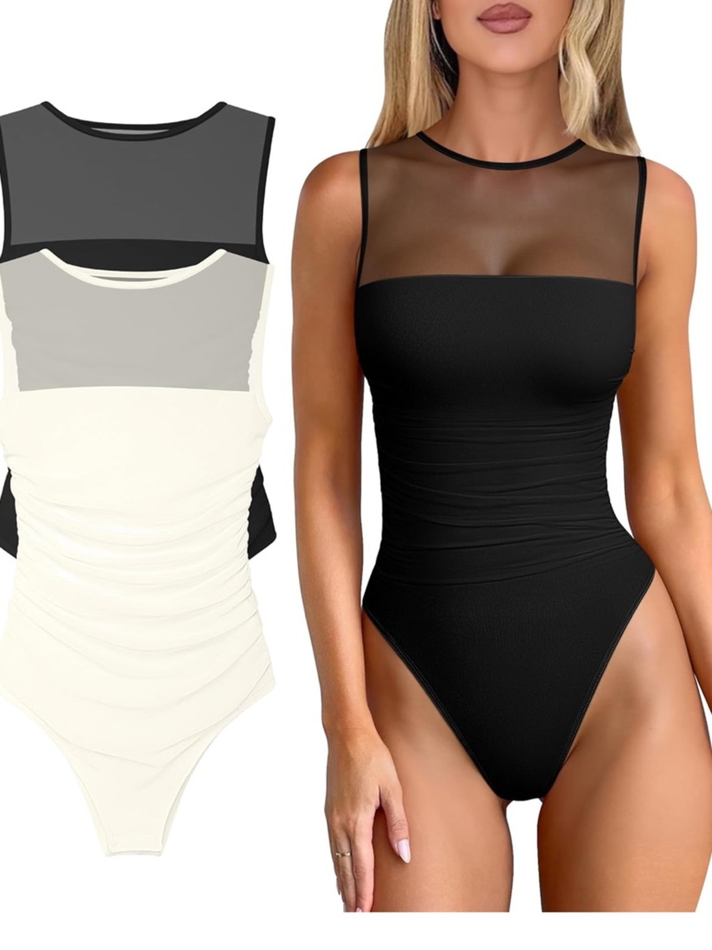OQQ Women 2 Piece Bodysuit Mesh Ruched Sleeveless shapewear Body Going Out Tops